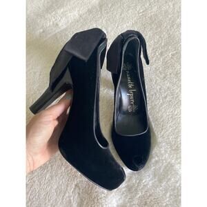 Nannette Lapore Peep Toe Ribbon Bow‎ Tie Black Velvet Heels Sz 8